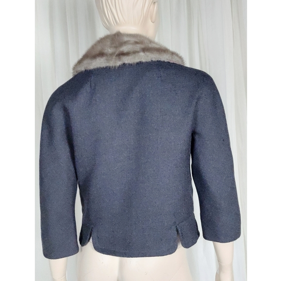 Vtg 60s grey wool mink collar crop boxy blazer suit jacket M-L - Picture 7 of 10